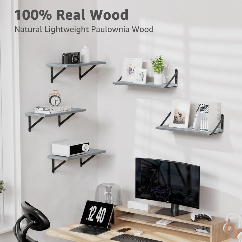 COCOYA Wall Shelves 7.3" Deep Set of 4, Solid Paulownia Wood Wider Longer Sturdy Easy to Install Wall Mounted Bookshelves Storage Shelves Bathroom Home Office Laundry Room Bedroom Organizer Gray - Image 5